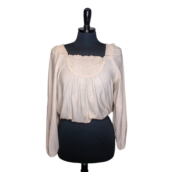 Alya Peasant Top Short Blouson Crop Embroidered Crochet Cream Off White S - Picture 1 of 4